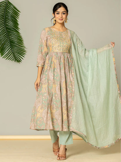 Women's Green Cotton Sea Green Floral Print Mulmul Fit And Flare Suit Set by Yufta, suitable for wholesale buyers, boutiques, retailers, resellers and bulk fashion orders from Trendphoria