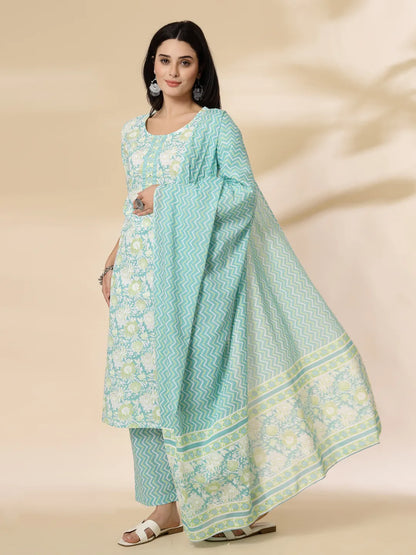 Sea Green Floral Print Straight Kurta Trouser Dupatta Set