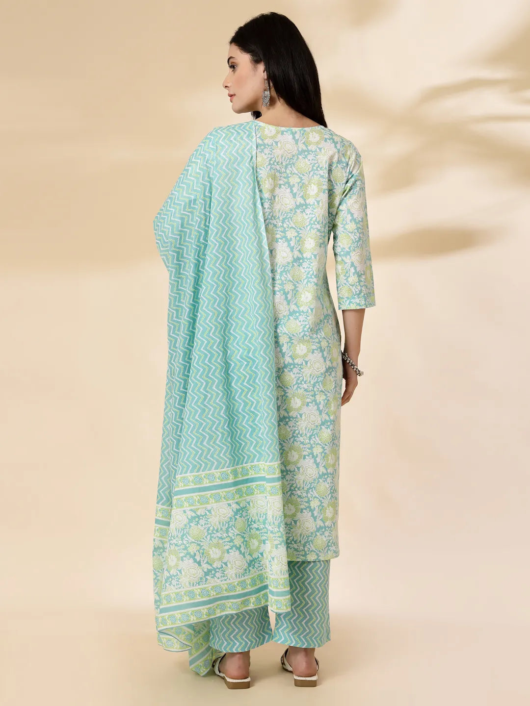 Sea Green Floral Print Straight Kurta Trouser Dupatta Set