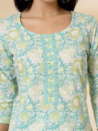 Sea Green Floral Print Straight Kurta Trouser Dupatta Set