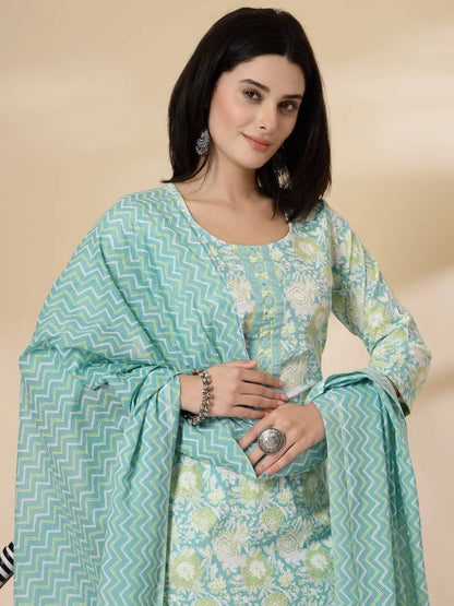 Sea Green Floral Print Straight Kurta Trouser Dupatta Set
