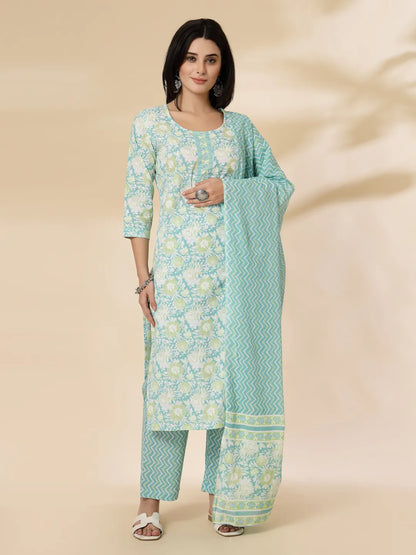 Women's Green Cotton Sea Green Floral Print Straight Kurta Trouser Dupatta Set by Yufta, suitable for wholesale buyers, boutiques, retailers, resellers and bulk fashion orders from Trendphoria