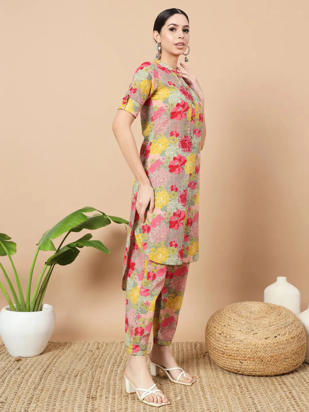 Sea Green Floral Printed Cotton Yoke Co Ord Set