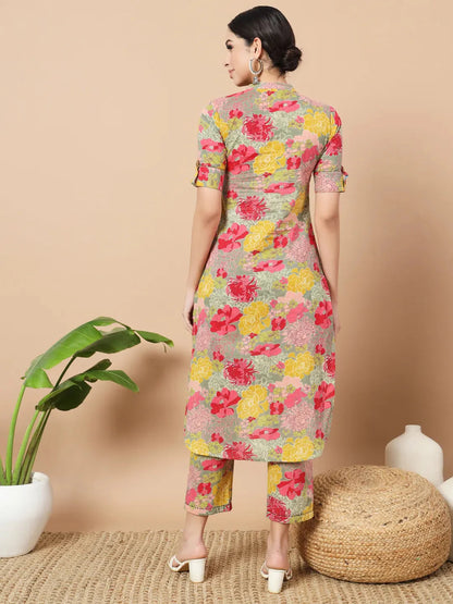 Sea Green Floral Printed Cotton Yoke Co Ord Set