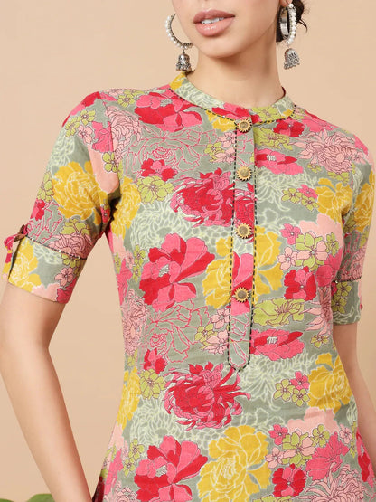 Sea Green Floral Printed Cotton Yoke Co Ord Set