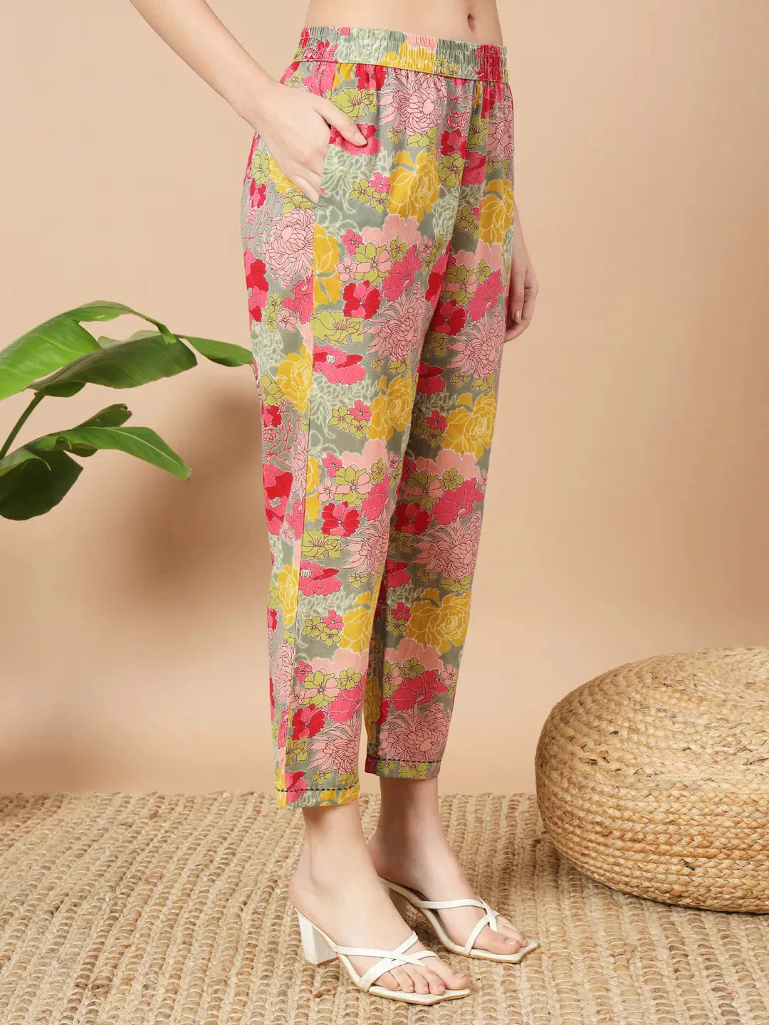 Sea Green Floral Printed Cotton Yoke Co Ord Set