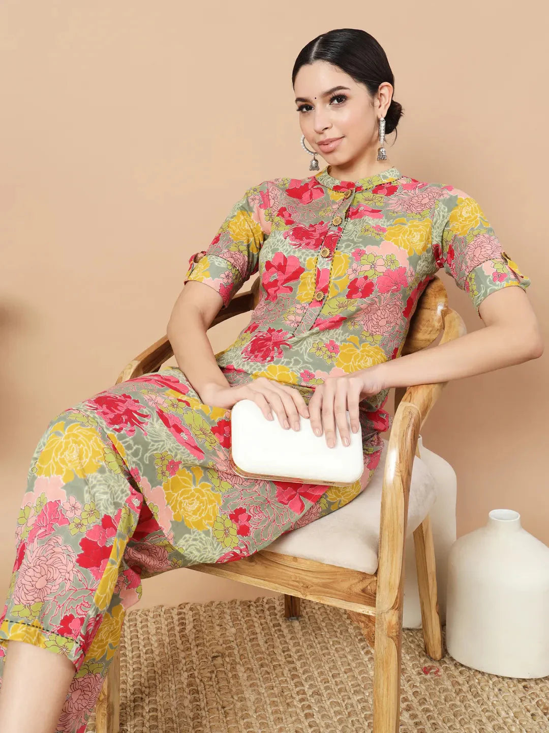 Sea Green Floral Printed Cotton Yoke Co Ord Set