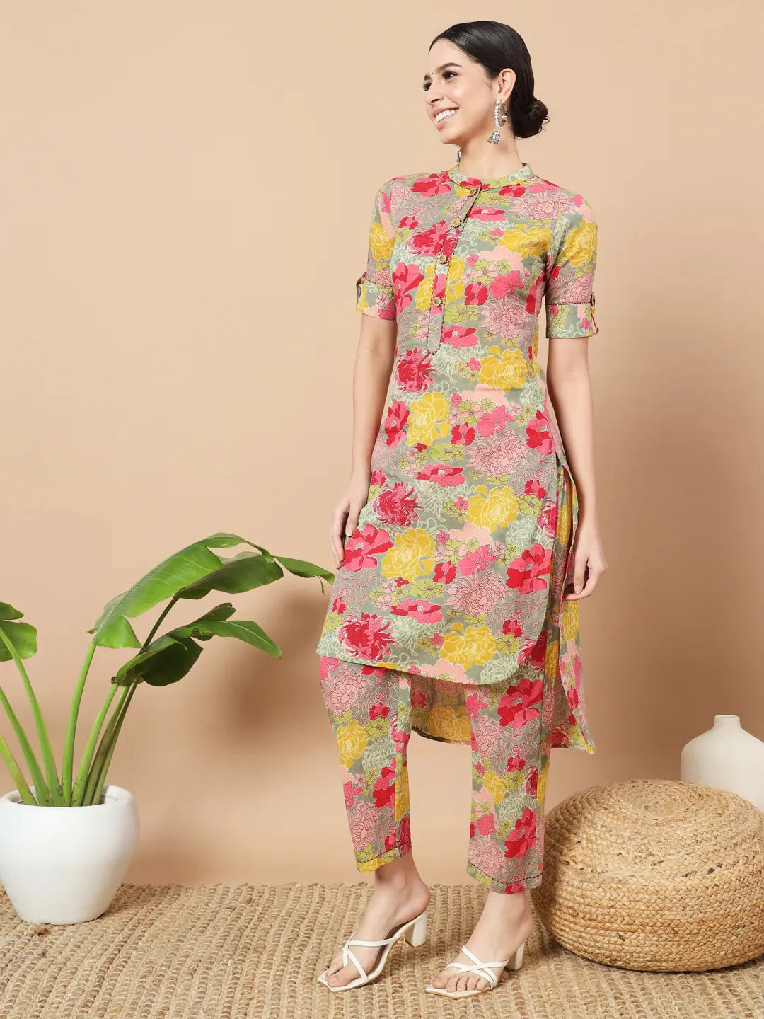 Sea Green Floral Printed Cotton Yoke Co Ord Set