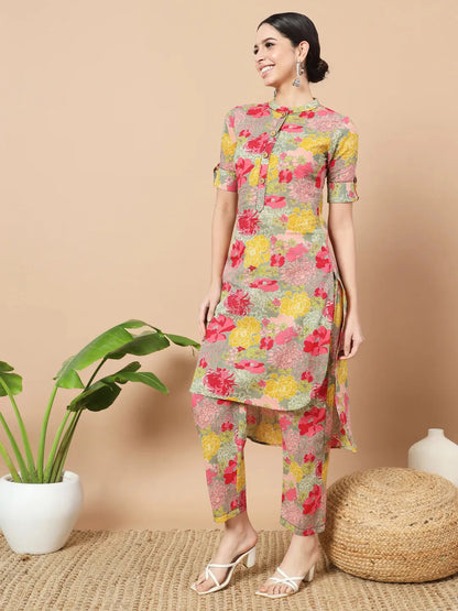 Sea Green Floral Printed Cotton Yoke Co Ord Set
