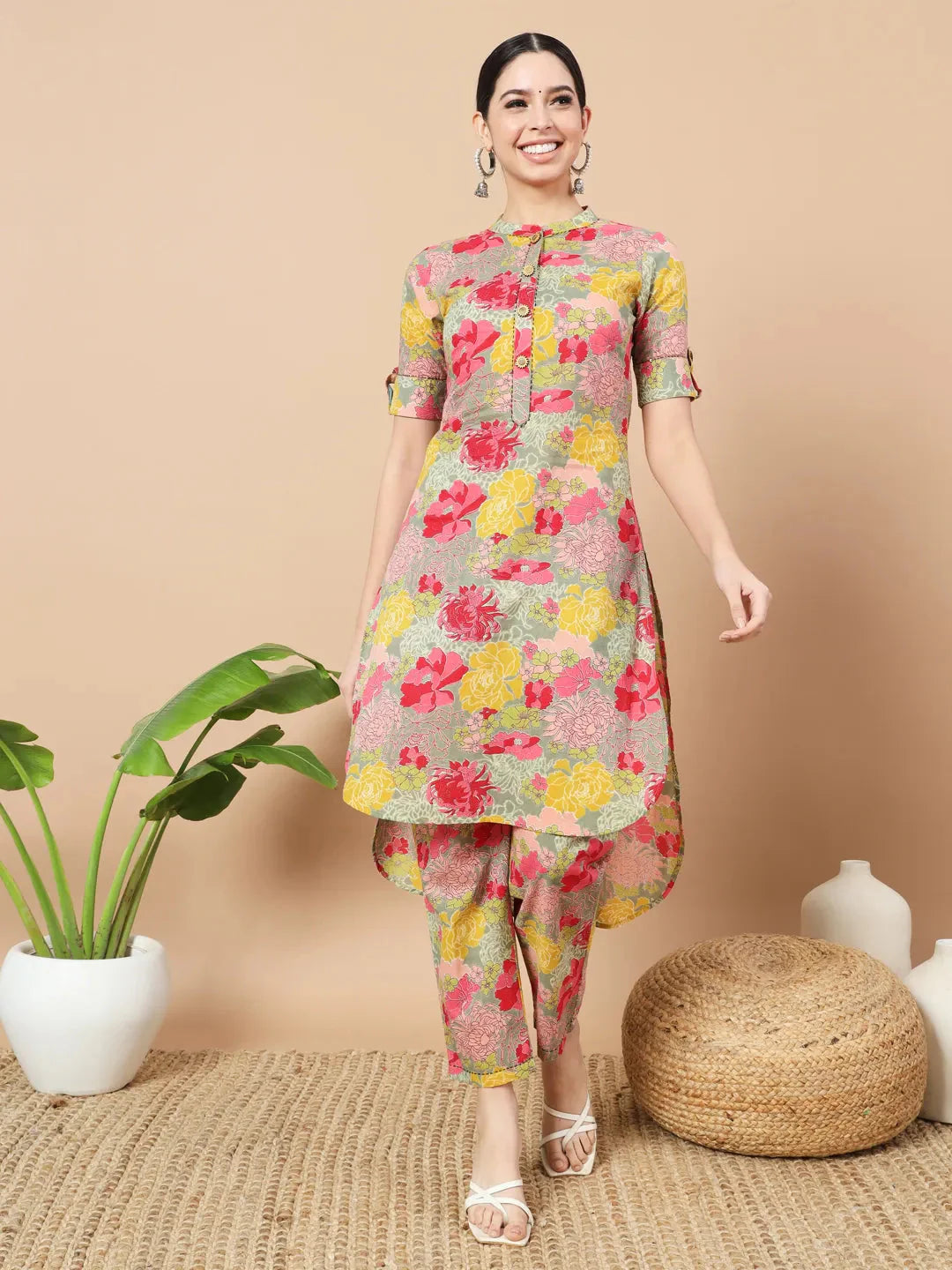 Women's Green Cotton Sea Green Floral Printed Cotton Yoke Co Ord Set by Yufta, suitable for wholesale buyers, boutiques, retailers, resellers and bulk fashion orders from Trendphoria