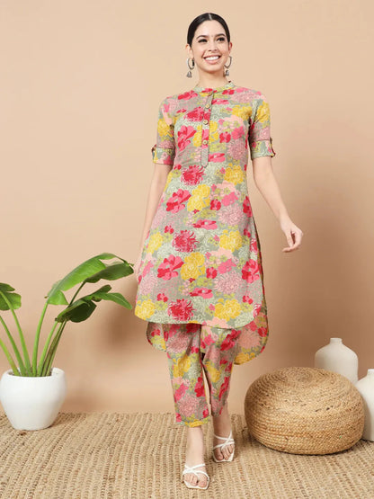 Women's Green Cotton Sea Green Floral Printed Cotton Yoke Co Ord Set by Yufta, suitable for wholesale buyers, boutiques, retailers, resellers and bulk fashion orders from Trendphoria