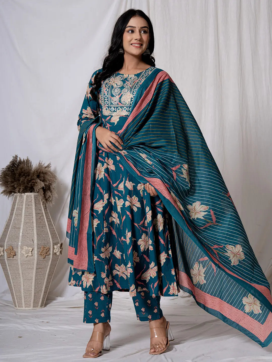 Sea Green Floral Pure Cotton Anarkali Kurta And Trouser With Dupatta Set