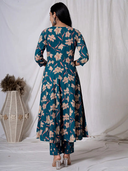 Sea Green Floral Pure Cotton Anarkali Kurta And Trouser With Dupatta Set