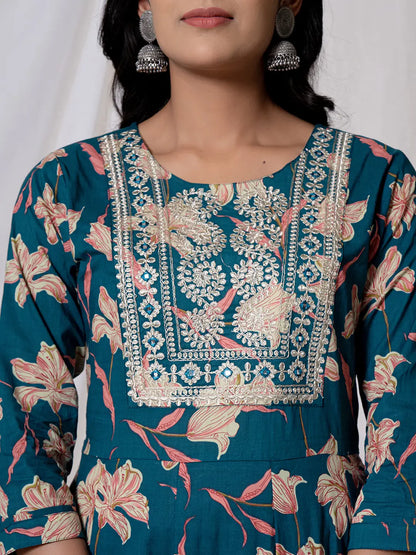 Sea Green Floral Pure Cotton Anarkali Kurta And Trouser With Dupatta Set