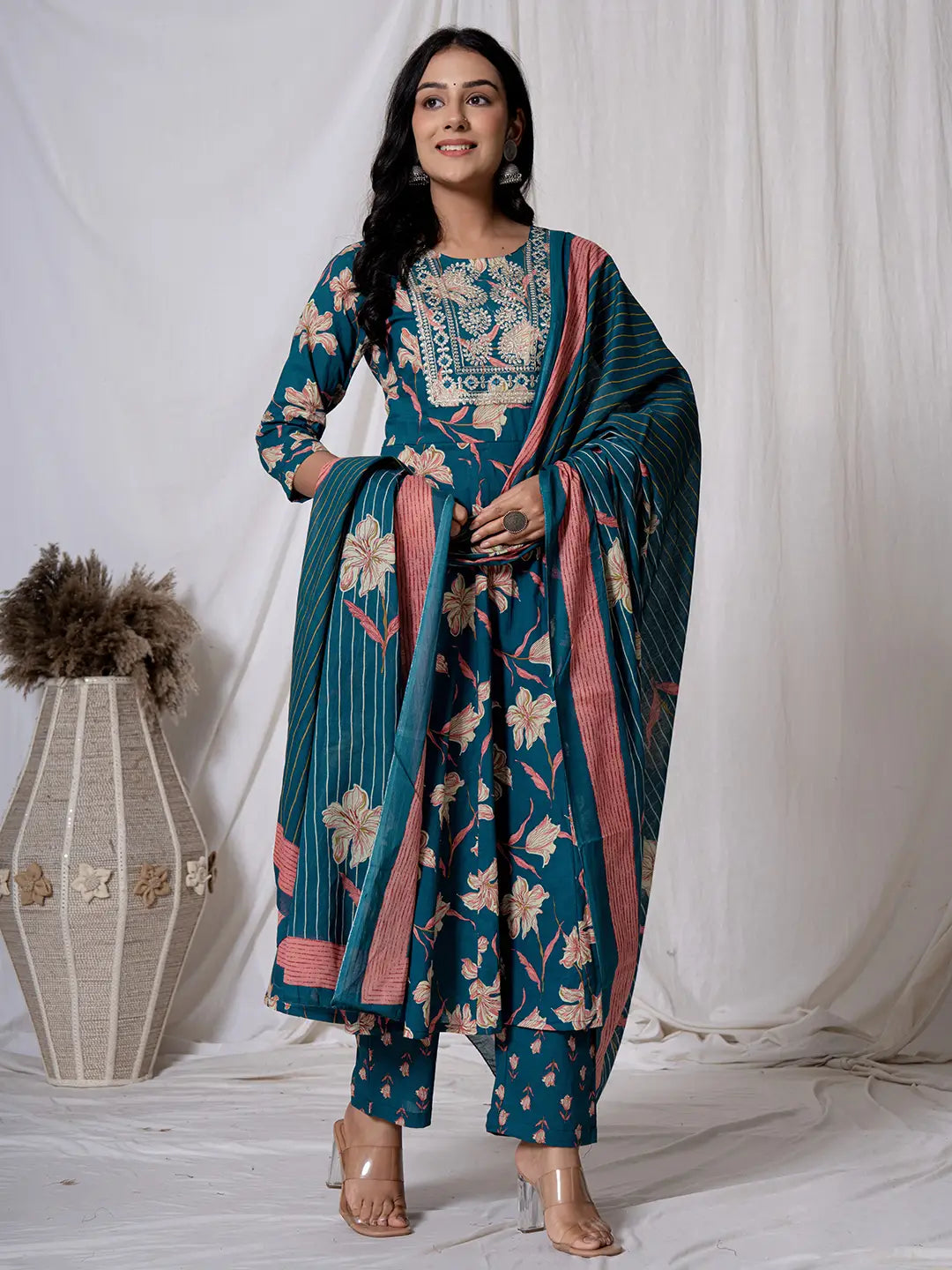 Sea Green Floral Pure Cotton Anarkali Kurta And Trouser With Dupatta Set