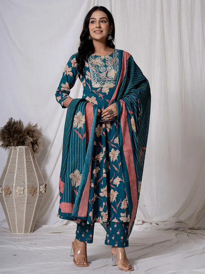 Sea Green Floral Pure Cotton Anarkali Kurta And Trouser With Dupatta Set