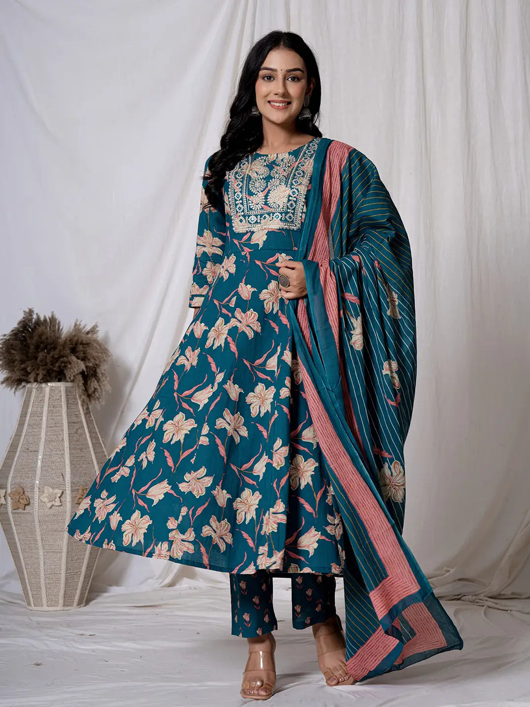 Women's Green Cotton Sea Green Floral Pure Cotton Anarkali Kurta And Trouser With Dupatta Set by Yufta, suitable for wholesale buyers, boutiques, retailers, resellers and bulk fashion orders from Trendphoria