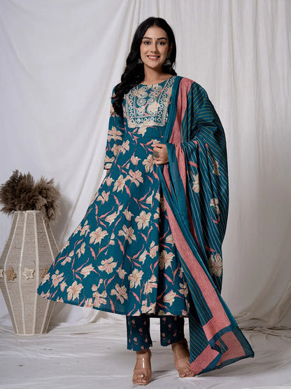 Women's Green Cotton Sea Green Floral Pure Cotton Anarkali Kurta And Trouser With Dupatta Set by Yufta, suitable for wholesale buyers, boutiques, retailers, resellers and bulk fashion orders from Trendphoria