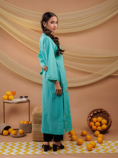 Sea Green Hand Floral Print Cotton Straight Kurta