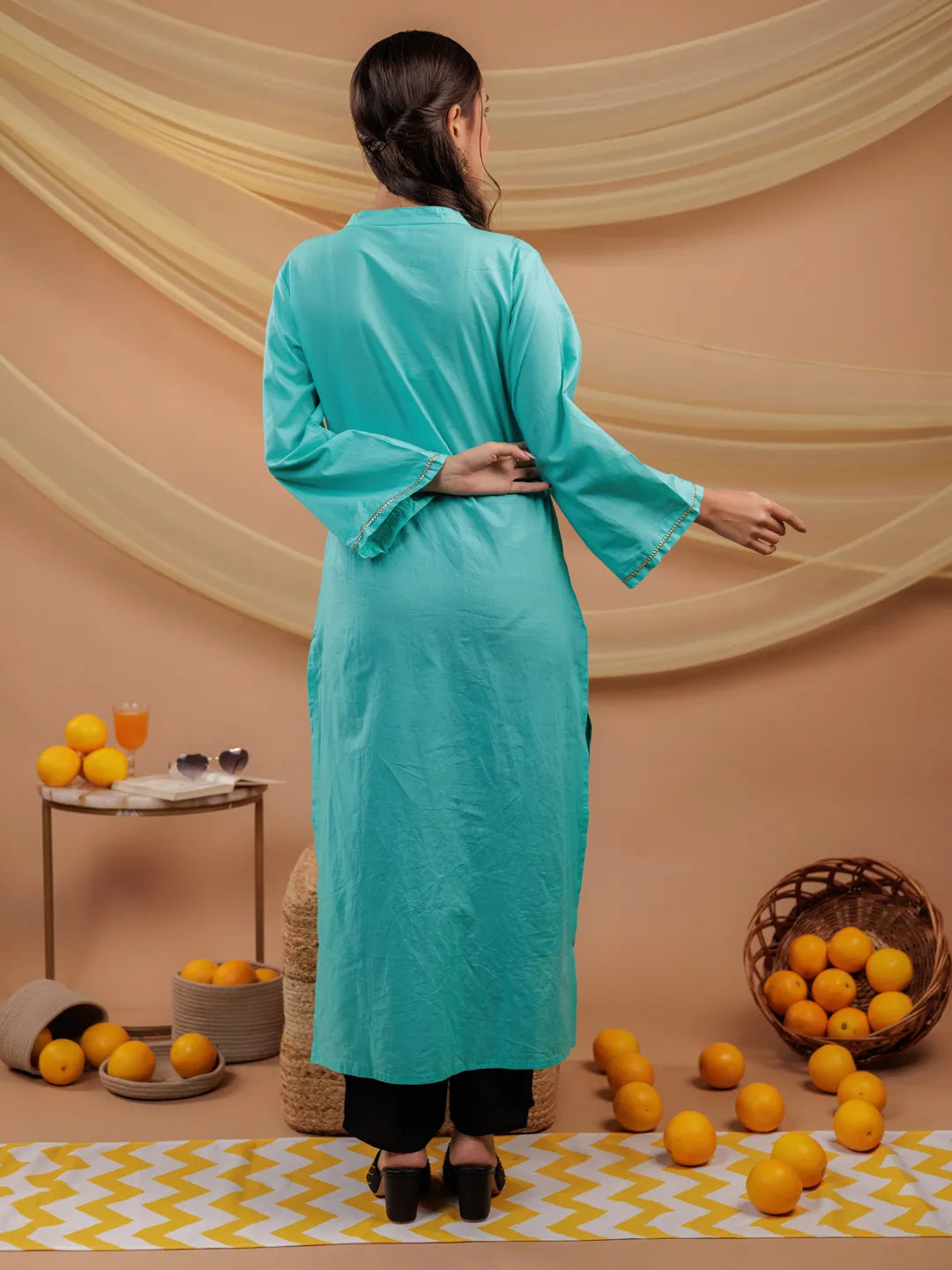 Sea Green Hand Floral Print Cotton Straight Kurta