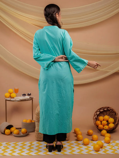 Sea Green Hand Floral Print Cotton Straight Kurta