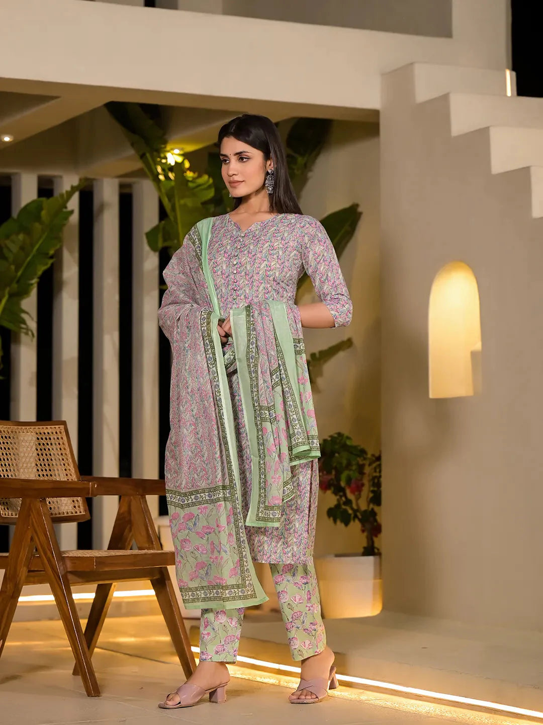 Sea Green Leaf Print Cotton Straight Style Kurta And Trousers With Dupatta
