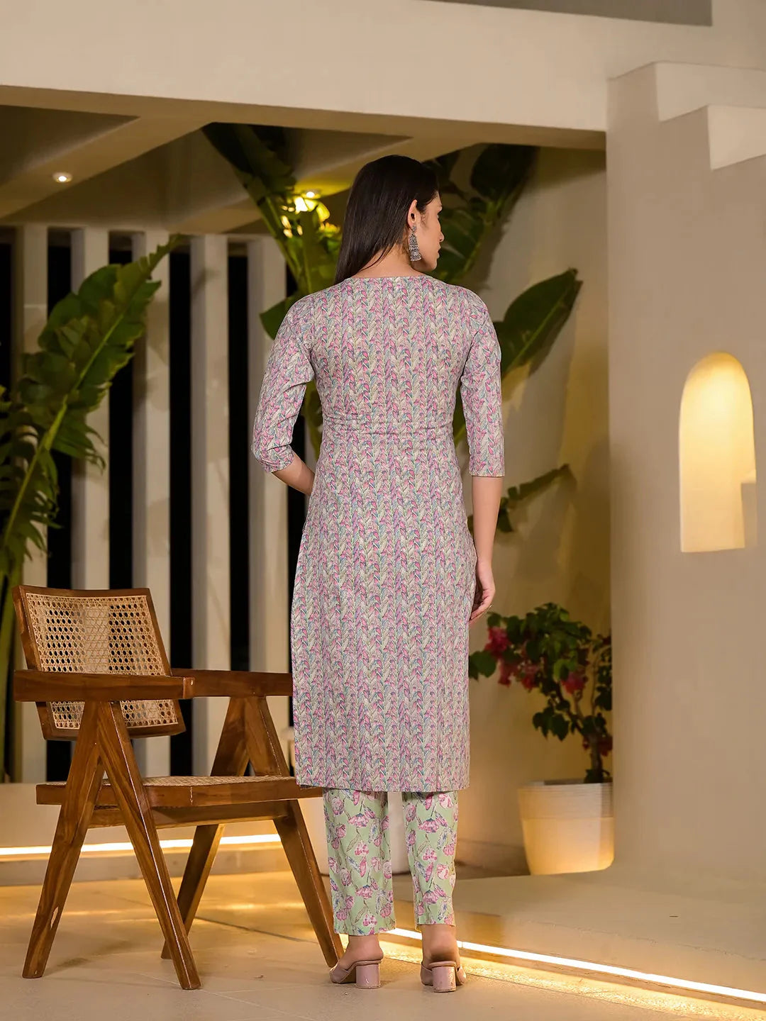 Sea Green Leaf Print Cotton Straight Style Kurta And Trousers With Dupatta