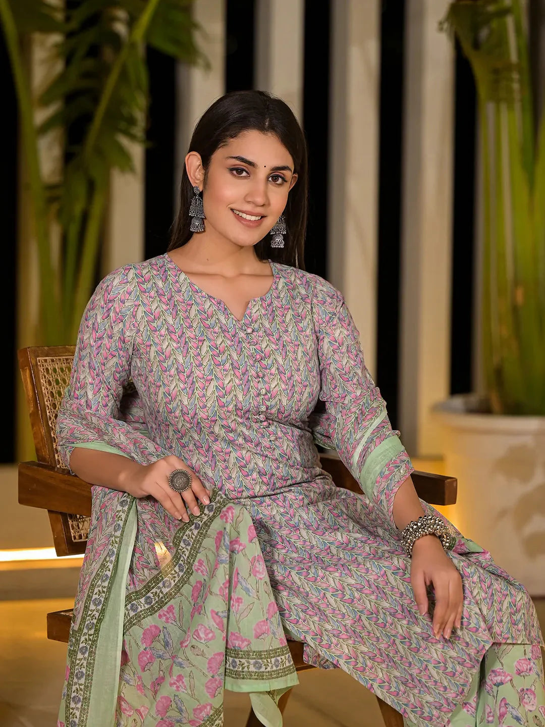 Sea Green Leaf Print Cotton Straight Style Kurta And Trousers With Dupatta