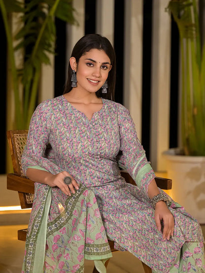 Sea Green Leaf Print Cotton Straight Style Kurta And Trousers With Dupatta