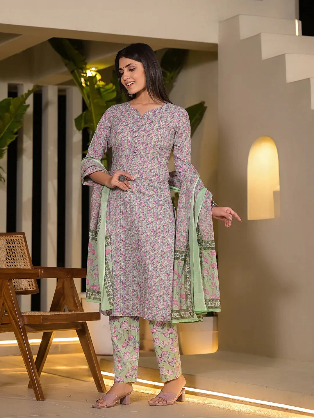 Sea Green Leaf Print Cotton Straight Style Kurta And Trousers With Dupatta