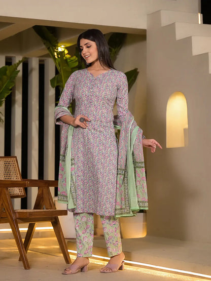 Sea Green Leaf Print Cotton Straight Style Kurta And Trousers With Dupatta
