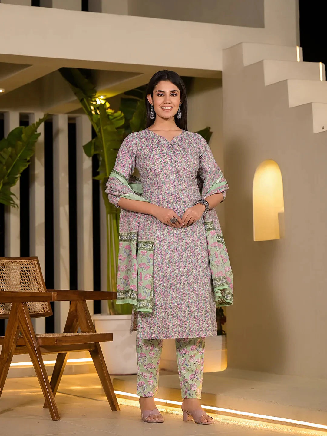 Sea Green Leaf Print Cotton Straight Style Kurta And Trousers With Dupatta