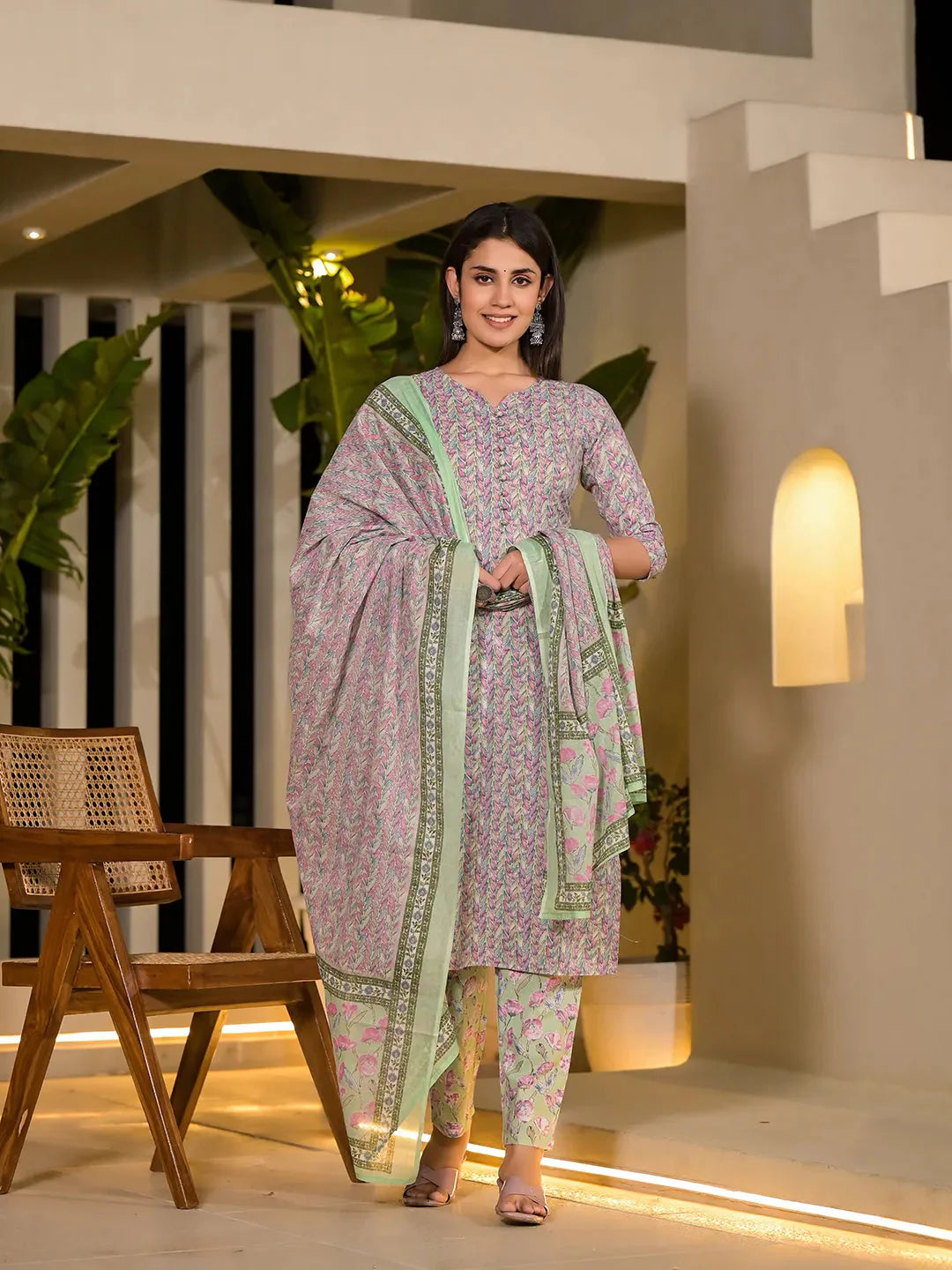 Women's Green Cotton Sea Green Leaf Print Cotton Straight Style Kurta And Trousers With Dupatta by Yufta, suitable for wholesale buyers, boutiques, retailers, resellers and bulk fashion orders from Trendphoria
