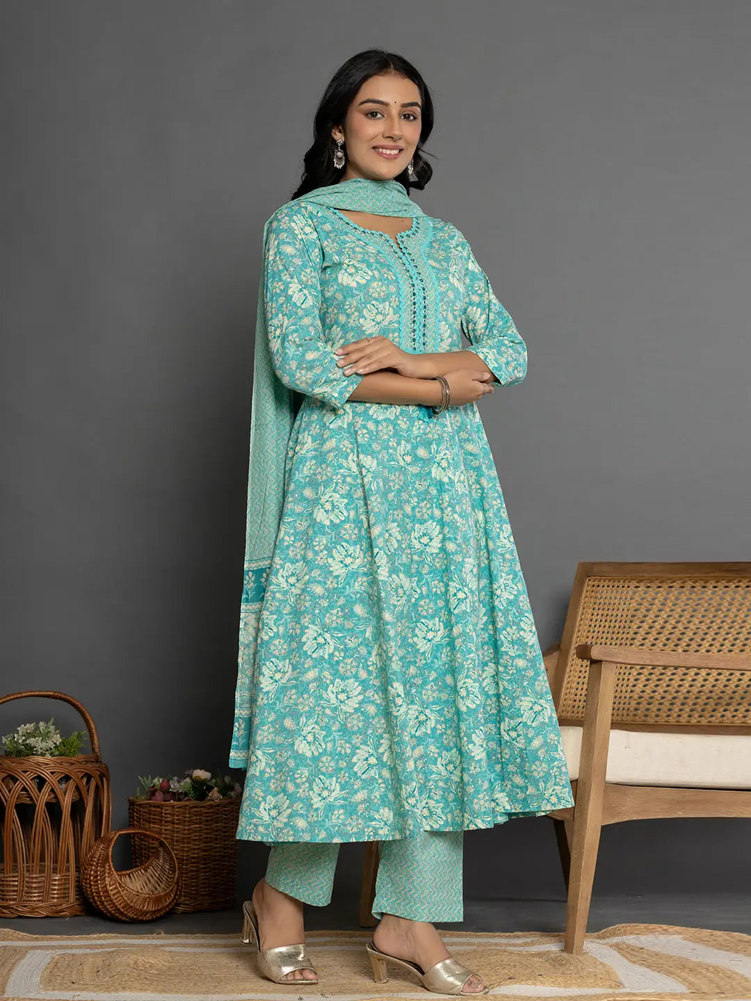 Sea Green Mirror Work Cotton Anarkali Kurta Dupatta Set