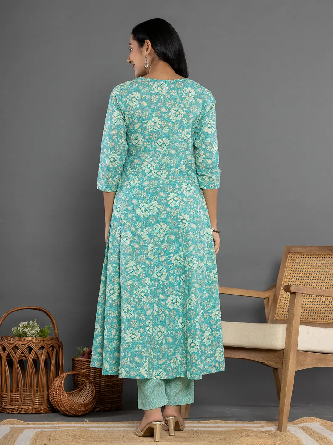 Sea Green Mirror Work Cotton Anarkali Kurta Dupatta Set