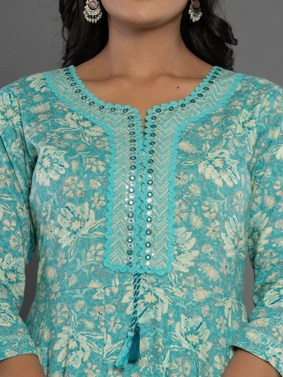Sea Green Mirror Work Cotton Anarkali Kurta Dupatta Set