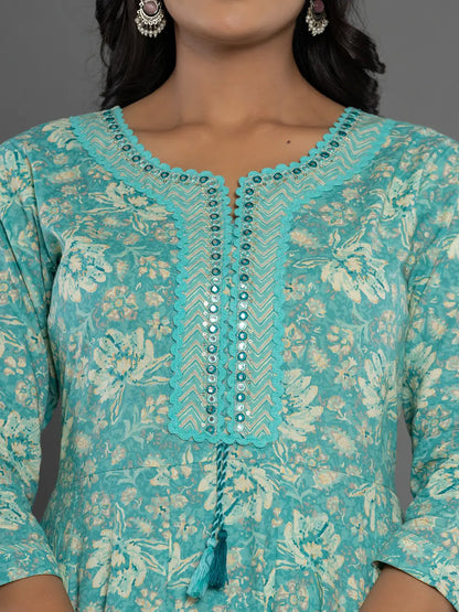 Sea Green Mirror Work Cotton Anarkali Kurta Dupatta Set