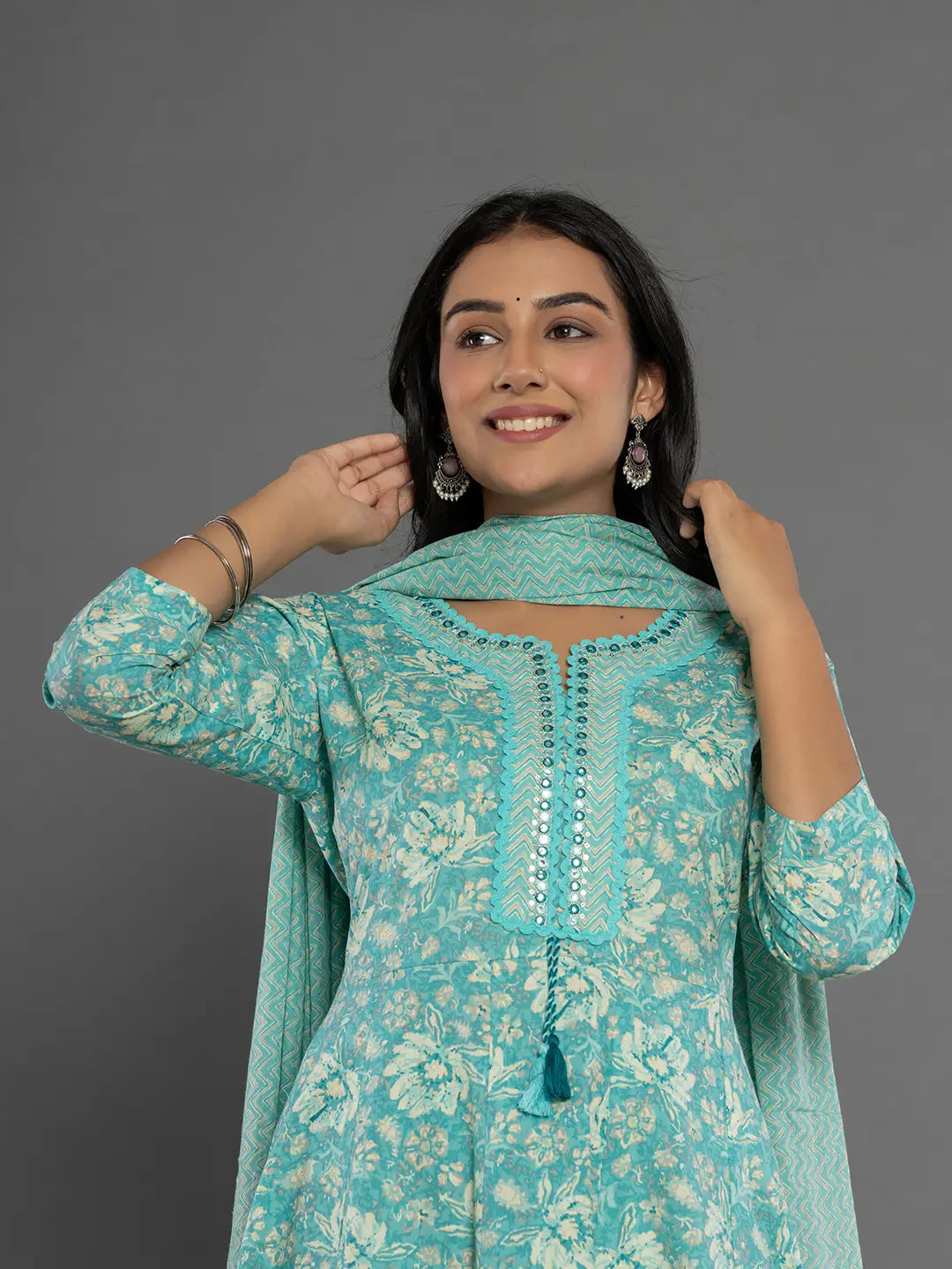 Sea Green Mirror Work Cotton Anarkali Kurta Dupatta Set