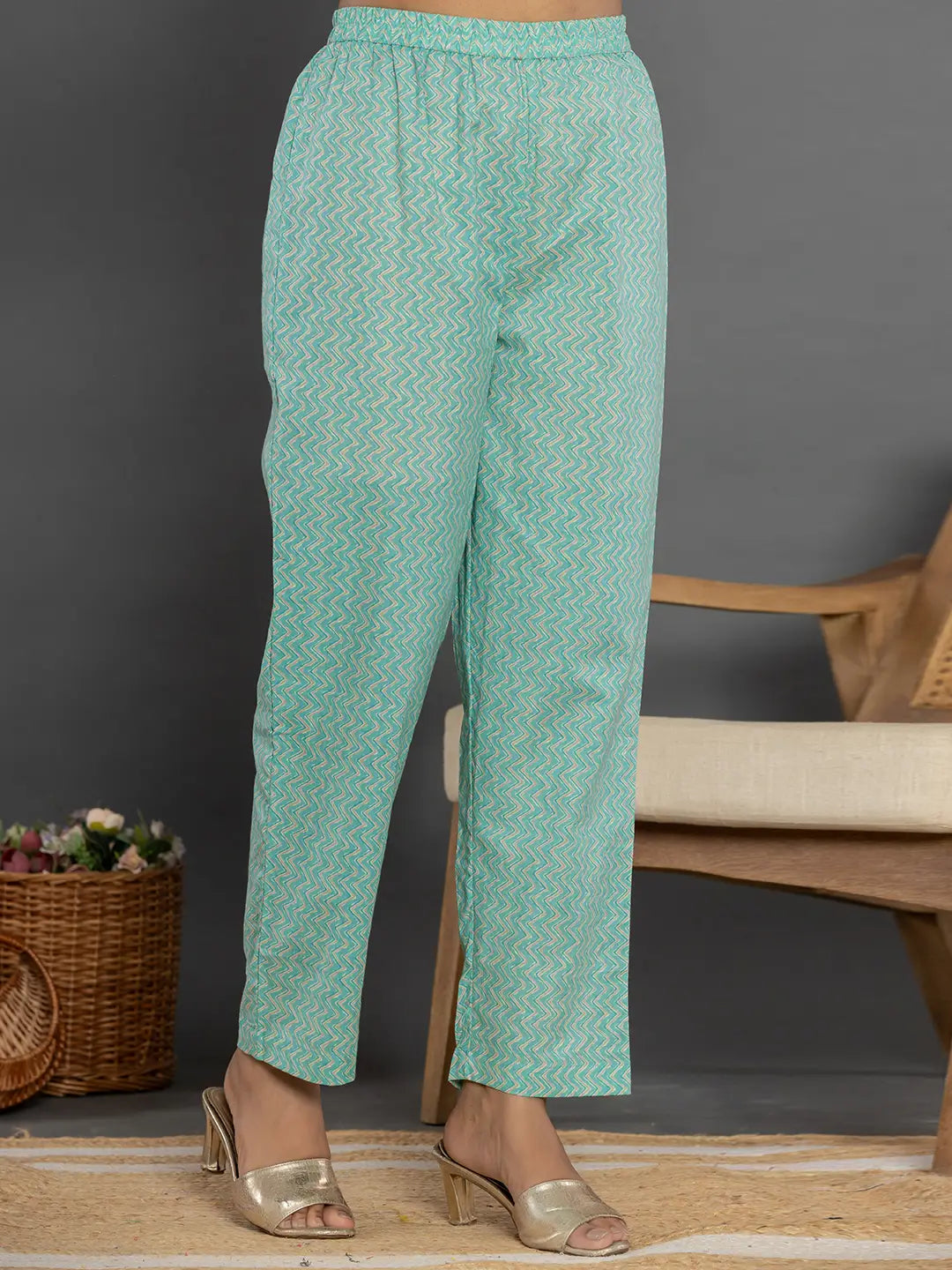 Sea Green Mirror Work Cotton Anarkali Kurta Dupatta Set