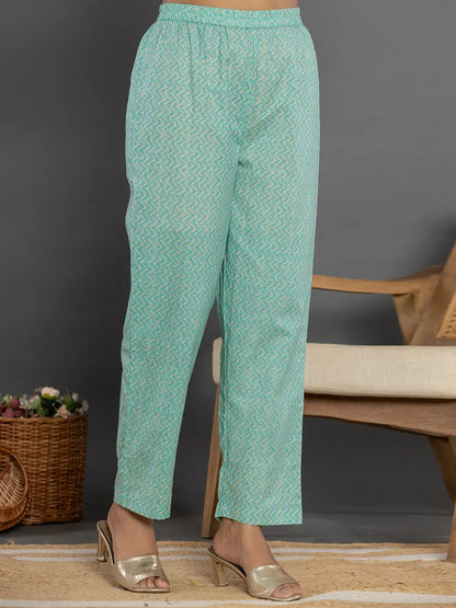 Sea Green Mirror Work Cotton Anarkali Kurta Dupatta Set