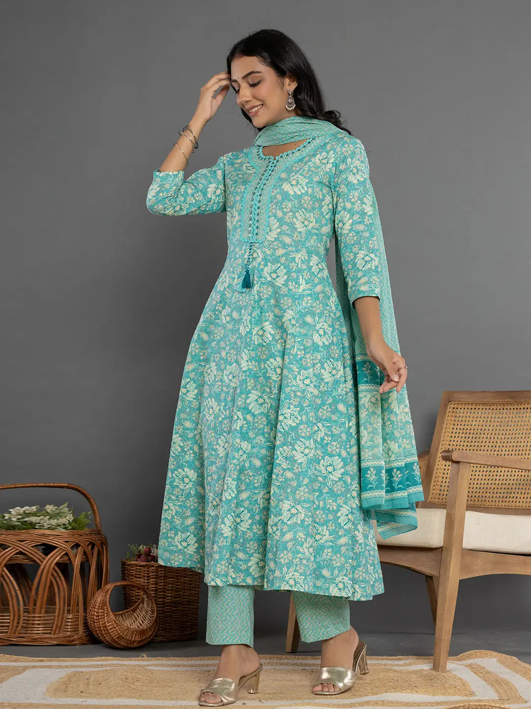 Sea Green Mirror Work Cotton Anarkali Kurta Dupatta Set