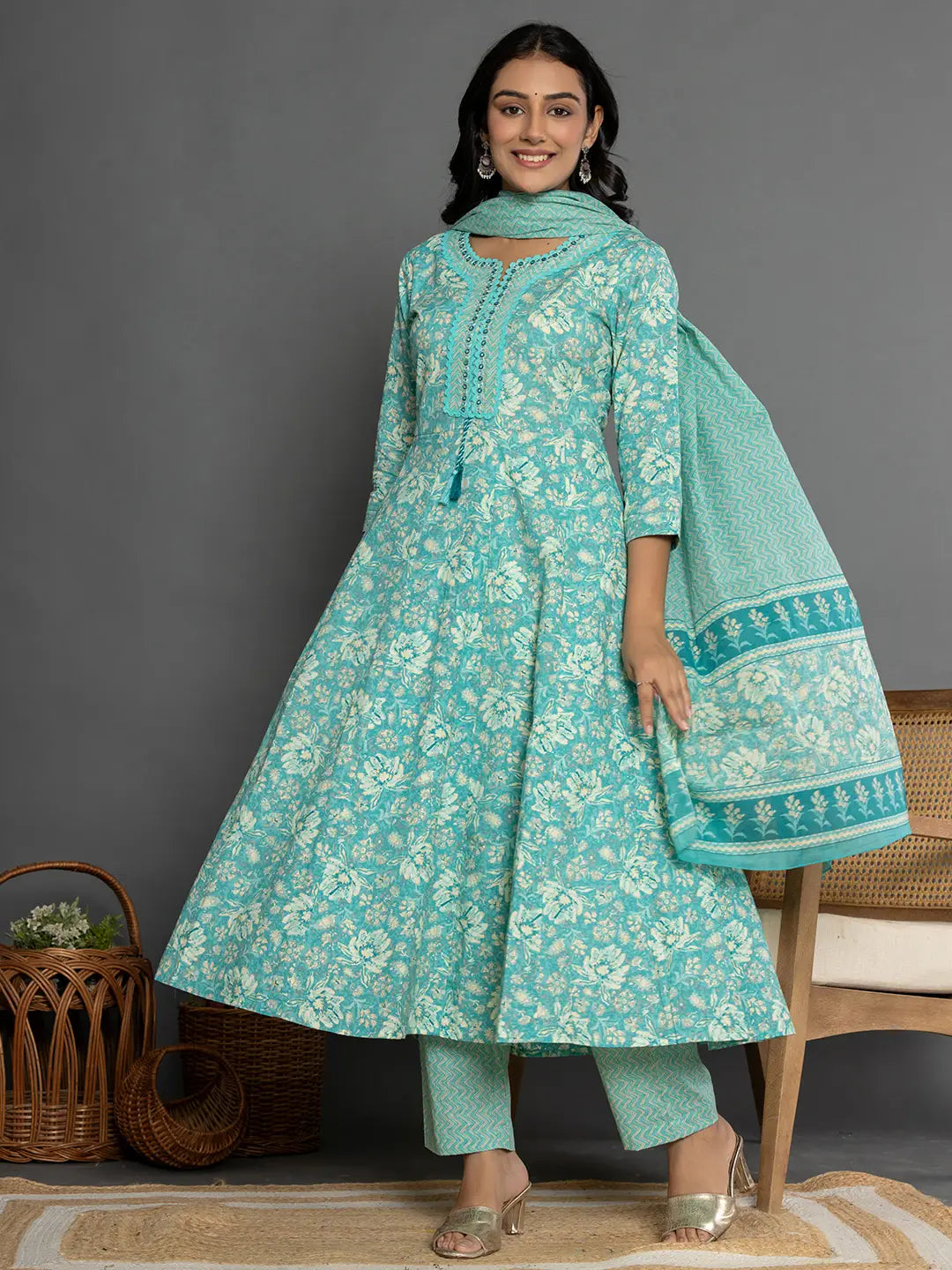 Women's Green Cotton Sea Green Mirror Work Cotton Anarkali Kurta Dupatta Set by Yufta, suitable for wholesale buyers, boutiques, retailers, resellers and bulk fashion orders from Trendphoria