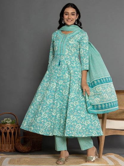 Women's Green Cotton Sea Green Mirror Work Cotton Anarkali Kurta Dupatta Set by Yufta, suitable for wholesale buyers, boutiques, retailers, resellers and bulk fashion orders from Trendphoria