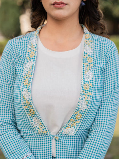 Sea Green Printed Cotton Checks Co Ord Set With Embroidery