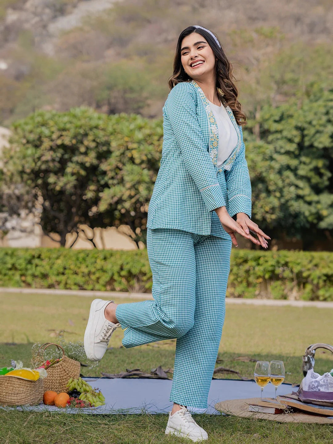 Sea Green Printed Cotton Checks Co Ord Set With Embroidery