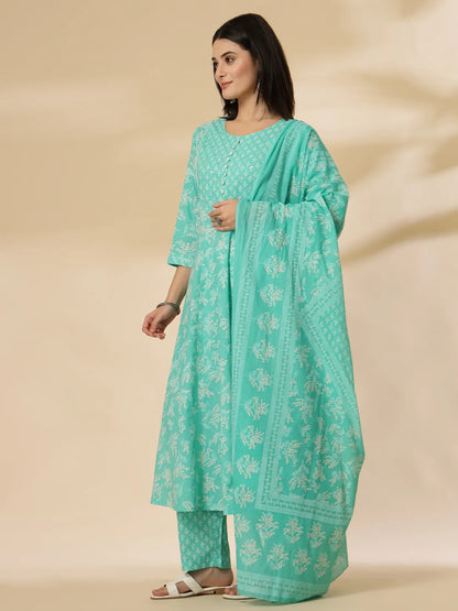 Sea Green Pure Cotton Anarkali Dupatta Pant Set