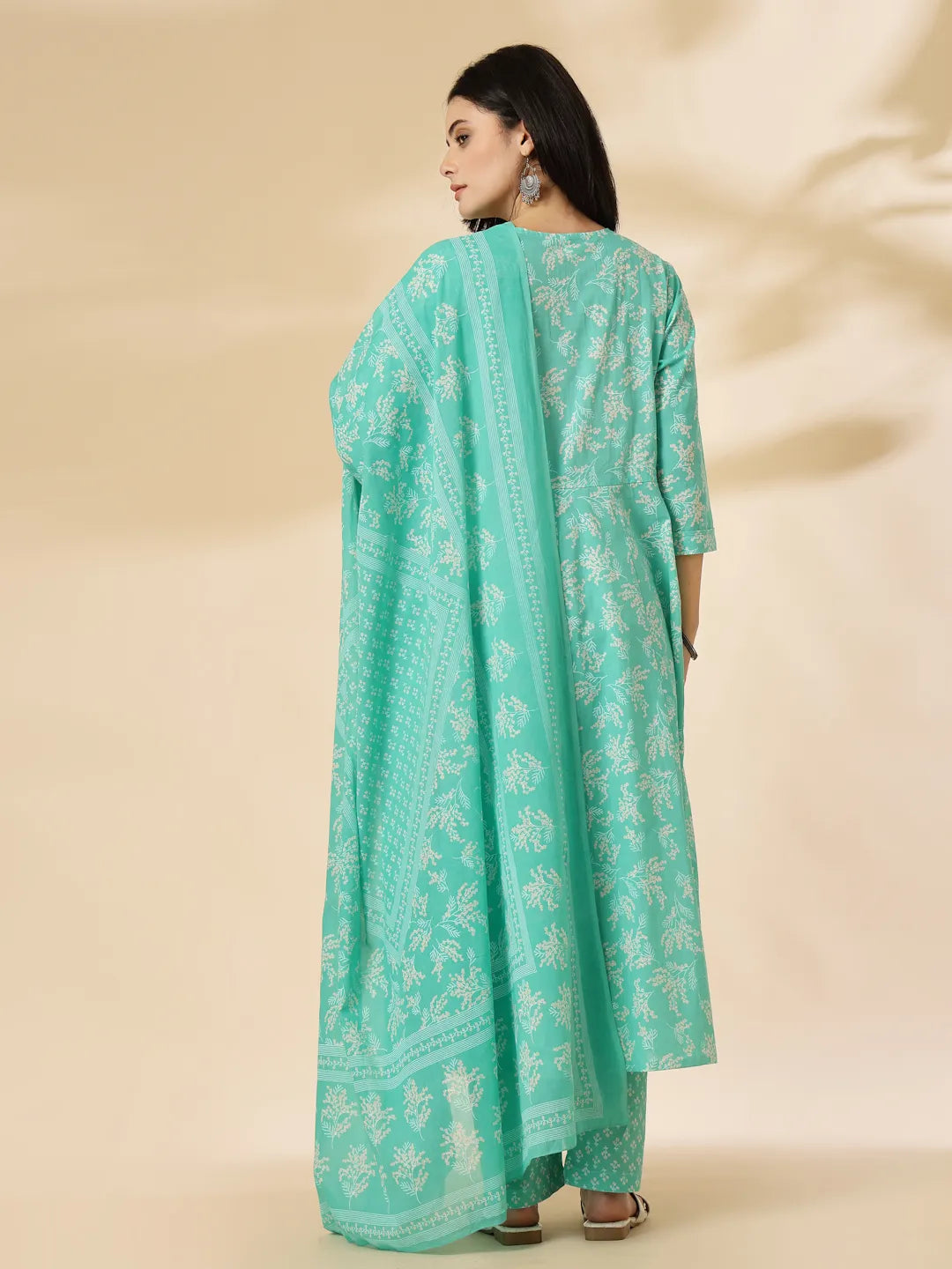 Sea Green Pure Cotton Anarkali Dupatta Pant Set