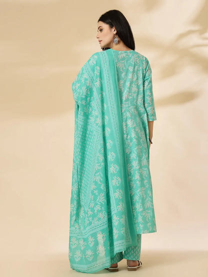 Sea Green Pure Cotton Anarkali Dupatta Pant Set