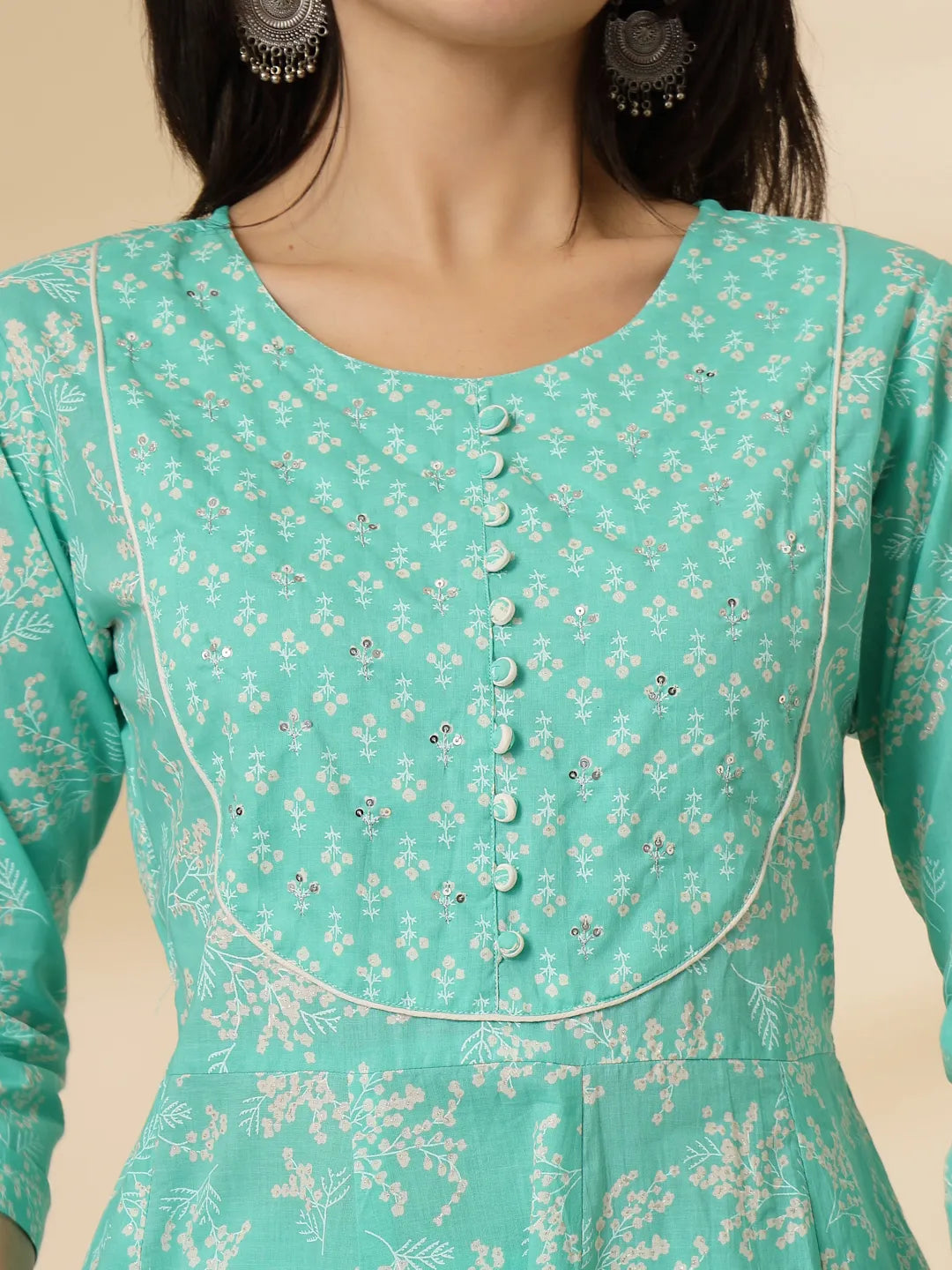 Sea Green Pure Cotton Anarkali Dupatta Pant Set