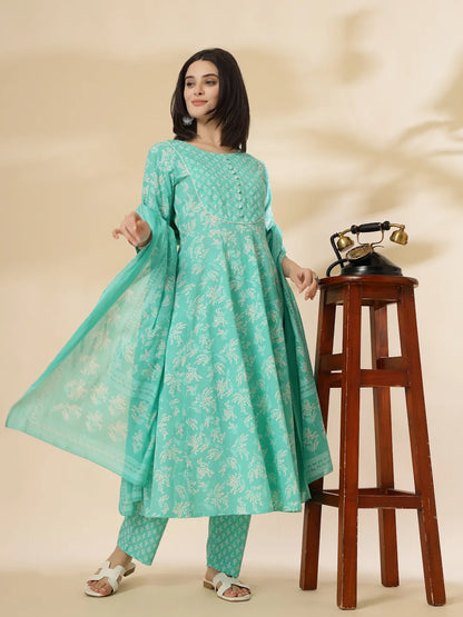 Sea Green Pure Cotton Anarkali Dupatta Pant Set